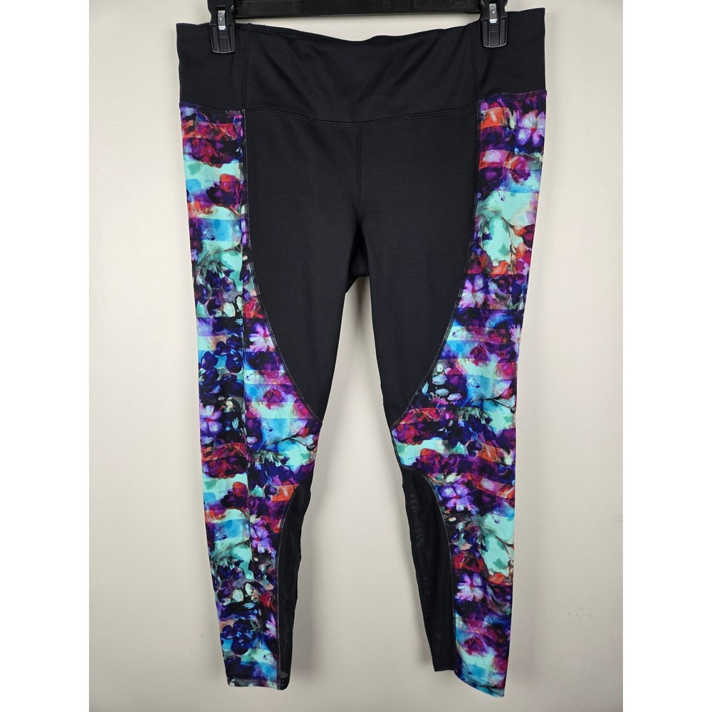 Athleta‎ Womens XL Black Floral Print Mesh Running Leggings Zipper Pocket